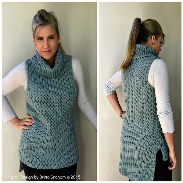 Easy Hi-Lo Cowl Neck Tunic Crochet Pattern - Sleeveless Ladies Sweater Vest Pattern No.930 Digital Pattern English