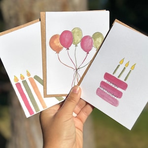 Jeu de cartes d'anniversaire, cartes d'anniversaire, cartes d'anniversaire aquarelles, intérieur vierge, impressions d'art peintes à la main, format A2