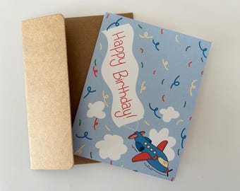 Airplane birthday card, cute cards for kids birthday, birthday cards for her, birthday cards for him, blank inside, A2 cards, handmade cards