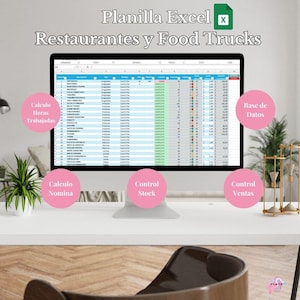 May include: A computer screen displaying a spreadsheet with the title "Planilla Excel Restaurantes y Food Trucks". The spreadsheet includes columns for restaurant name, type, and other information. The screen is on a desk with a plant and a gold hourglass in the background.