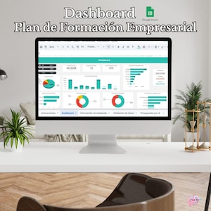 Puede incluir: Una pantalla de ordenador que muestra un tablero de Google Sheets titulado "Plan de Formación Empresarial" con varios gráficos y diagramas. El tablero incluye datos sobre el presupuesto, la información de los empleados y la validación de los datos. El tablero está en español.
