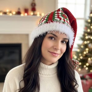 Crochet Granny Square Santa Hat: Red, White & Green Christmas Beanie