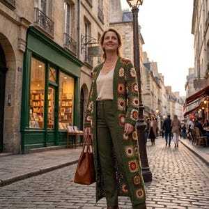 May include: A woman wearing a long, olive green crochet cardigan with floral patterns, paired with olive green pants and brown boots. She carries a brown leather tote bag while walking on a cobblestone street.