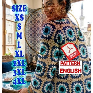 May include: A blue, white, and tan crochet cardigan with a floral pattern. The image includes the text "SIZE" and size options from XS to 4XL. A PDF icon and the words "PATTERN ENGLISH" are also visible.