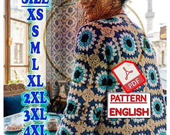 Evil Eye Granny Square Cardigan Crochet Pattern, Boho Oversized Jacket (PDF Download)