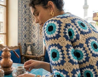 Evil Eye Crochet Cardigan, Boho Granny Square Jacket, Cotton Knit Sweater