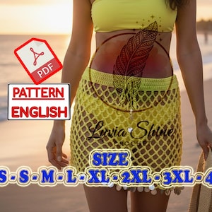 Może przedstawiać: Żółty wzór na spódnicę szydełkową z tekstem "PATTERN ENGLISH" i "SIZE XS-S-M-L-XL-2XL-3XL-4XL". Obraz zawiera również ikonę PDF i słowa "Luvia Shine CROCHE".