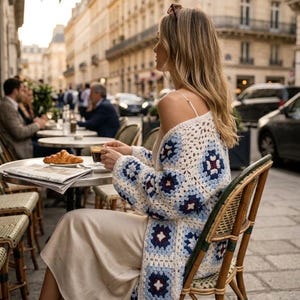 May include: A long-sleeved crochet cardigan featuring a repeating granny square pattern in shades of white, light blue, and dark navy blue, worn over a sleeveless, floor-length, champagne-colored satin slip dress with thin spaghetti straps.