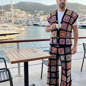 Handmade Crochet Granny Square Pants: Colorful Cotton Blend Trousers