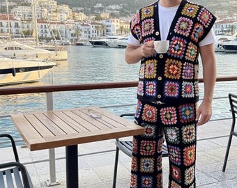 Crochet Granny Square Pants: Colorful Cotton Blend Trousers