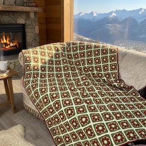 Crochet Edge Granny Afghan:Hand knitted  Cotton Boho Blanket (51x68 in )