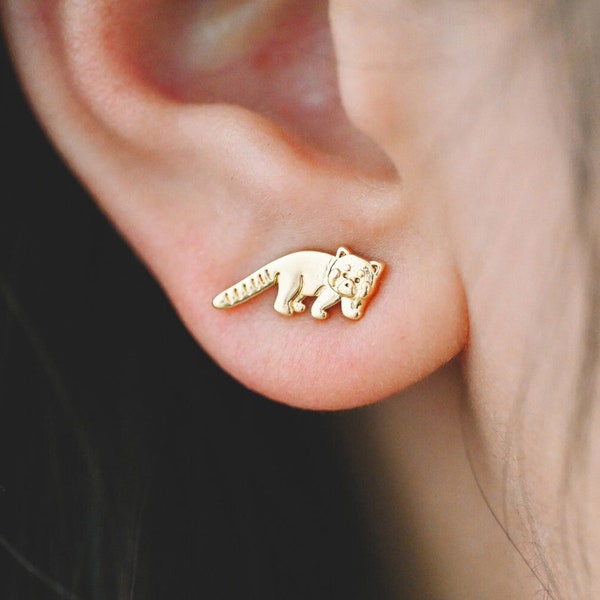 10pcs Gold Raccoon Earrings, Gold Plated Brass, Cute Animal Stud Earrings (GB-4111)