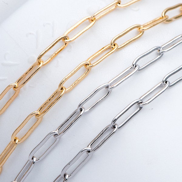 Cadena de cadena de clip, oro/ rodio (plata)/ oro rosa, eslabón ovalado 3,2x9 mm, cadena de cable larga (#LK-272)/ 1 metro = 3,3 pies