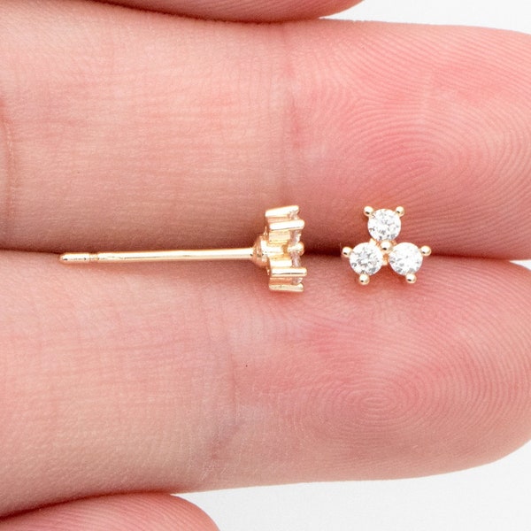 10pcs CZ Pave Three Dot Trio Ear Posts 5mm, Gold Plated Brass, Tiny Trinity Dainty Stud Earring (GB-3395)