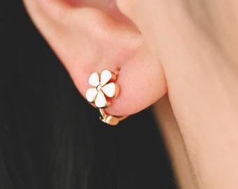 4pcs Gold Enamel Flower Hoop Earrings, 18K Gold plated Brass, Minimalist Huggie Earrings (GB-3843)