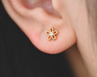 10pcs CZ Pave Gold Flower Ear Posts 6mm, Gold Plated Brass Stud Earrings, DIY Ear Findings (GB-3381)