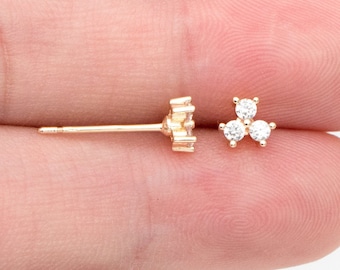 10pcs CZ Pave Three Dot Trio Ear Posts 5mm, Gold Plated Brass, Tiny Trinity Dainty Stud Earring (GB-3395)