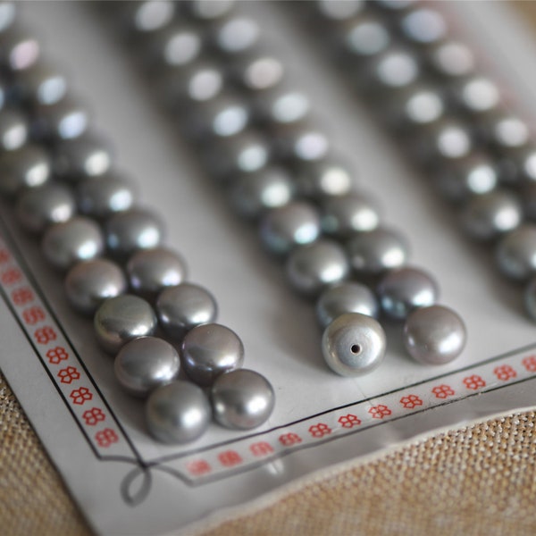 Grey Freshwater Button Pearls 4/ 5/ 8/ 9mm, Half-Drilled Cabochon Pearls for Earring Stud -(PL12)