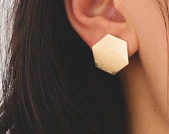 10pcs Brushed Gold Ear Post with Loops Real Gold Plated Brass, Hexagon Geometric Stud Earrings (GB-644)