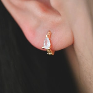 4pcs CZ Pave Tiny Teardrop Hoop Earrings, 12mm, Cartilage Hoop (GB-3469)