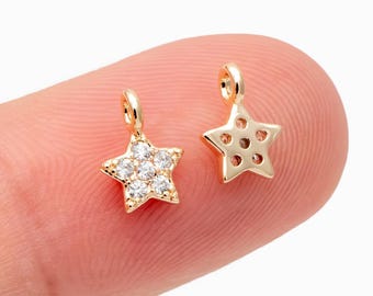 10 colgantes de estrella con pavé de circonitas cúbicas de 8 x 6 mm, latón chapado en oro auténtico, color que no se deslustra fácilmente (GB-162-C)