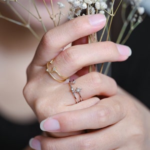 Könnte beinhalten: Zwei goldene Ringe mit kleinen sternförmigen Akzenten, die mit winzigen klaren Steinen besetzt sind. Die Ringe werden am Zeigefinger einer Hand getragen, die getrocknete Blumen hält.