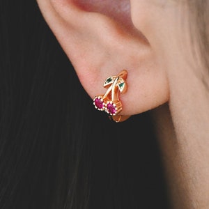 4pcs CZ Pave Cherry Hoop Earrings, 12mm, Dainty Huggie Earrings, Minimalist Earring, Small Gold Hoops Earring (GB-3528)