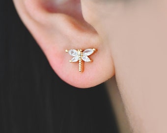 4pcs CZ Pave Gold Dragonfly Earring, Dianty Dragonfly Ear Studs, Jewelry Supplies (GB-4125)