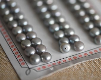 Perlas de botón de agua dulce grises 4/ 5/ 8/ 9 mm, perlas de cabujón medio perforadas para pendiente -(PL12)