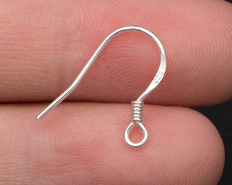 10pcs Sterling Silver Earring Hooks 15mm, .925 Silver Flat Earwires with Coil (CY-003-4)