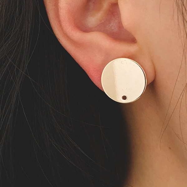 10 postes para pendientes de disco redondos en tono oro/plata de 12/15 mm, latón chapado en oro de 18 quilates/rodio, componentes geométricos para pendientes al por mayor (GB-624)