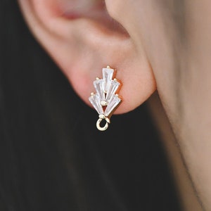 10pcs CZ pave Leaf Ear Posts 15x8mm, Gold/ Rhodium plated Brass, Dainty Stud Earrings, Sterling Silver Pin (#GB-314)