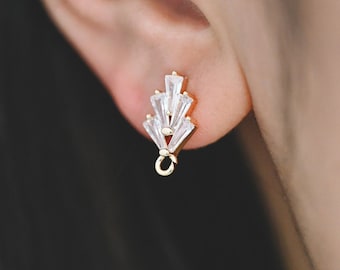 4pcs CZ pave Leaf Ear Posts 15x8mm, Gold/ Rhodium plated Brass, Dainty Stud Earrings (#GB-314-D)