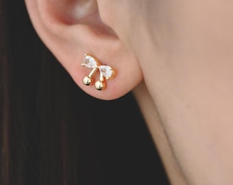 4 orecchini a fiocco con pavé di zirconi cubici in oro/argento, in ottone placcato oro vero 18 carati/rodio, orecchini a perno con fiocco (GB-4506)