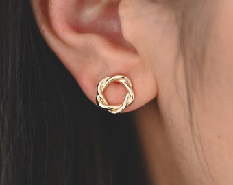 10 Stück Gold Twisted Blumen Ohrstecker, echt vergoldetes Messing, geometrische Ring Ohrstecker (#GB-2810)