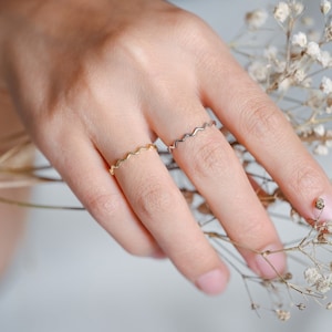 Könnte beinhalten: Zwei zarte Ringe aus Gold und Silber mit einem wellenförmigen Design an einem Finger. Die Ringe werden am Ringfinger einer Hand getragen, die einen Strauß getrockneter weißer Blumen hält.