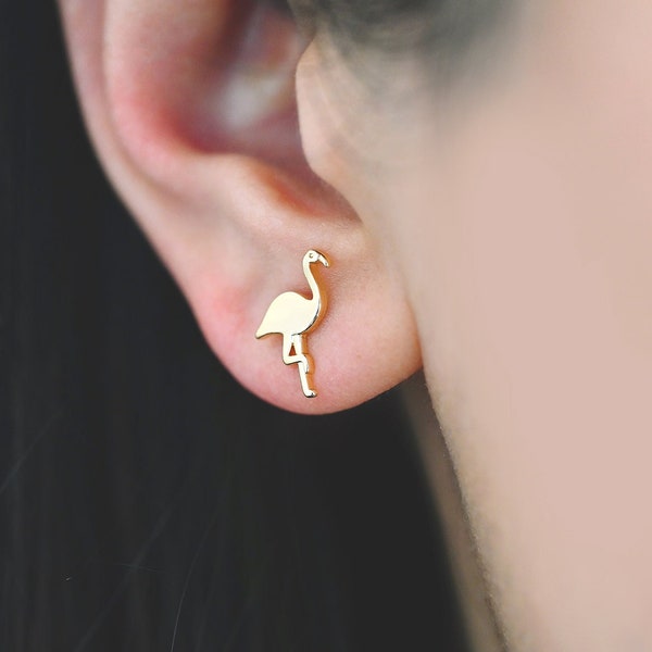 10pcs Gold Flamingo Earrings 12x8mm, Gold Plated Brass, Minimalist Bird Stud Earrings (GB-4113)