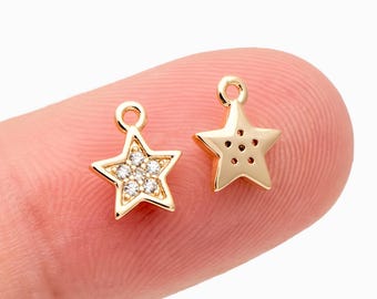 10 colgantes de estrella con pavé de circonitas cúbicas de 8 x 6,5 mm, latón chapado en oro auténtico (GB-162-A)