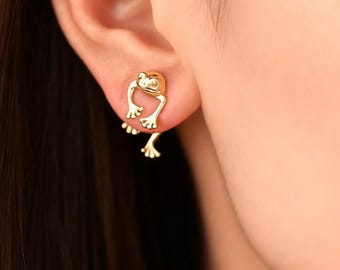 4pcs Gold/ Silver Tone Frog Front Back Earrings, Gold/ Rhodium Plated Brass, Animal Ear Jacket (GB-4533)
