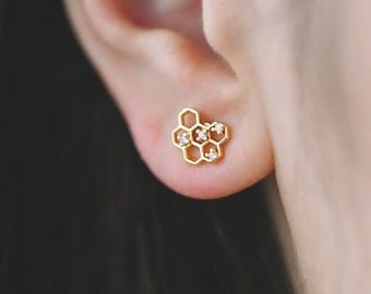 10pcs CZ Pave Gold Honeycomb Earring,Honey Comb Minimalist Earrings. Dainty Geometric earrings (GB-3896)