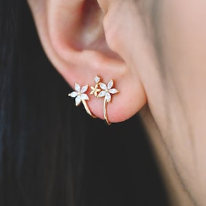 4pcs Flower Ear Cuff Studs, 18K Gold plated Brass, CZ pave Ear Climbers, Floral Ear Crawlers, Wrap Statement Earrings (#GB-773)