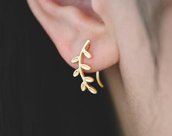 4pcs Gold Leaf Climber Earrings, 18K Gold plated Brass, Leaf Crawler Earrings (GB-4106)