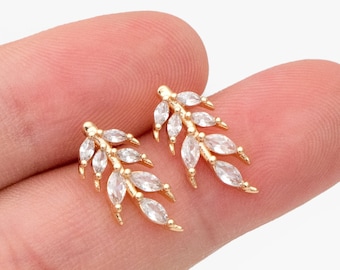 4pcs CZ Pave Gold Leaf Earring Posts, Gold Plated Brass, Dainty Leaf Stud Earrings (GB-3698)