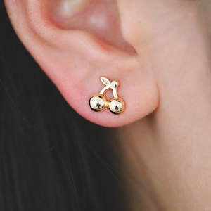 10pcs Gold Cherry Ear Posts 9mm, Real Gold Plated Brass Minimalist Stud Earrings (#GB-3495)