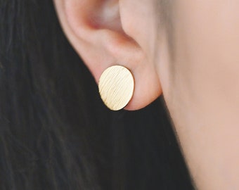 10pcs Brushed Gold Round Disc Earring with Loop 12mm, 18K Gold Plated Brass, Geometric Disk Stud Earring Components  (#GB-478)