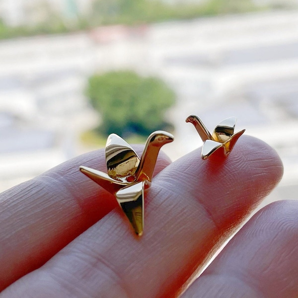 10pcs Origami Paper Crane Charms, Real Gold plated Brass Bird Beads 14/24mm, with A Hole Drilled Through (GB-072)