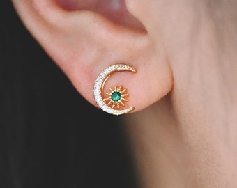 10pcs CZ Pave Moon Ear Posts 10.5x9mm, Real Gold Plated Brass Stud Earrings (#GB-1309)