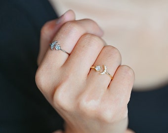 4pcs CZ Pave Gold/ Silver Moon Ring, Celestial Ring, Dainty Rings, Adjustable Ring, Thin Ring  (#JZ-017-A)