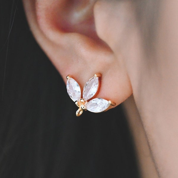 10pcs CZ Pave Gold/ Silver Tone leaf Earring with Loop 17x14mm, Dainty Studs, Leaves Earrings(#GB-1205-1)