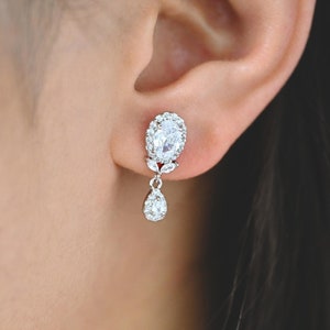 4pcs Silver tone Teardrop Stud Earrings, CZ Pave Earrings, Rhodium plated Brass Earrings  (#GB-2131)